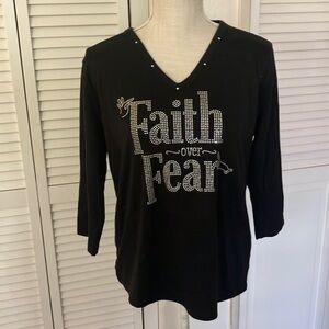 Get Lucky Black 3/4 Sleeve Tee with Faith Over Fear Design in rhinestones size M
